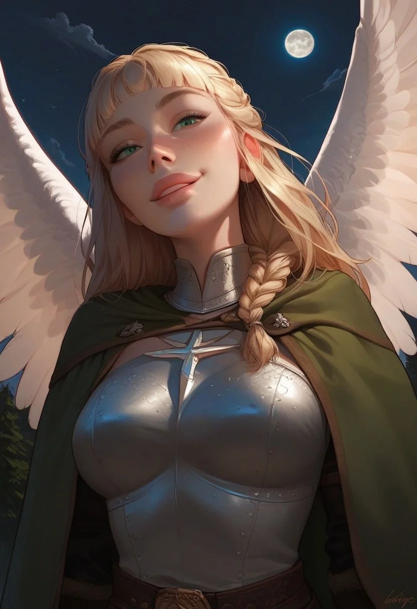 ASCII, score_9, score_8_up, score_7_up, ((((countryside)))) , clouds, night, moon, camping, army tent, viking camp, viking shield, furs, swords,
wearing green cape, winged helmet , detailed, angel wings, armor, detailed body, detailed face, cute face, 20 yo, 1 girl , pointing a sword to the viewer, (big lips:1), black eyeshadow, pose, blonde hair, silky smooth hair, hair braid, hime cut, big eyes, light green eyes,large breast, perfect breast, bombshell body, sensual, (((smug, happy, laughing))), high res image, volumetric lighting, masterpiece, light on face, ((wide angle)), zPDXL3, Expressiveh