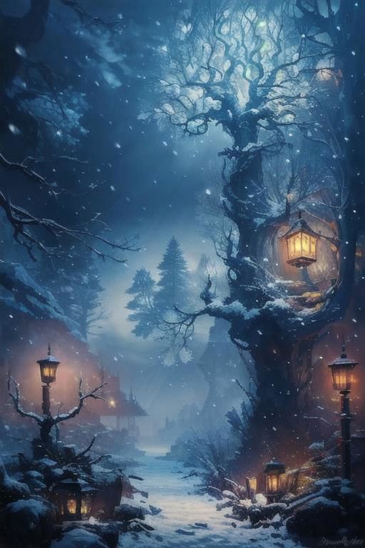 Two small robin birds on a snowy branch of a tree, one with a woolen hat and the other with a scarf illuminated by a lantern hanging from a branch, it is getting dark and snowing, in the background the last lights of the day and snowy trees blurred by the fog and falling snow, 3D style, Disney, Pixar, 4K, the little birds in focus, detailed drawing something that does not even exist, mythical being, energy, molecular, textures, impressive beauty, pure perfection, divine presence, unforgettable beauty, impressive , impressive, volumetric light, auras, rays, vivid reflected colors, you can see snowflakes falling, studio lighting, very detailed
