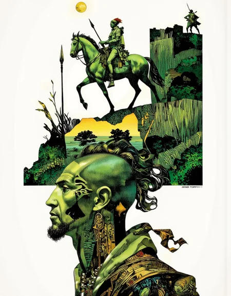 Art by Sergio Toppi. A surreal illustration featuring a stylized silhouette of a man with a mohawk and tribal tattoos on his head, set against a white background. the man is positioned in the center of the image, facing the viewer with a neutral expression. he is wearing a necklace with intricate designs and earrings, and his hair is styled in a long, flowing manner. on the top of the man's head, a greenish tinted figure stands guard, holding a spear and looking off into the distance, with a full moon visible above him. the figure is silhouetted against a green, textured background, which appears to be a grassy field with a few trees and a distant horizon. in the top right corner, another figure is standing guard, also holding a weapon, facing away from the viewer. the overall style is reminiscent of comic book art, with bold lines and vibrant colors that bring out the sense of depth and mystery.