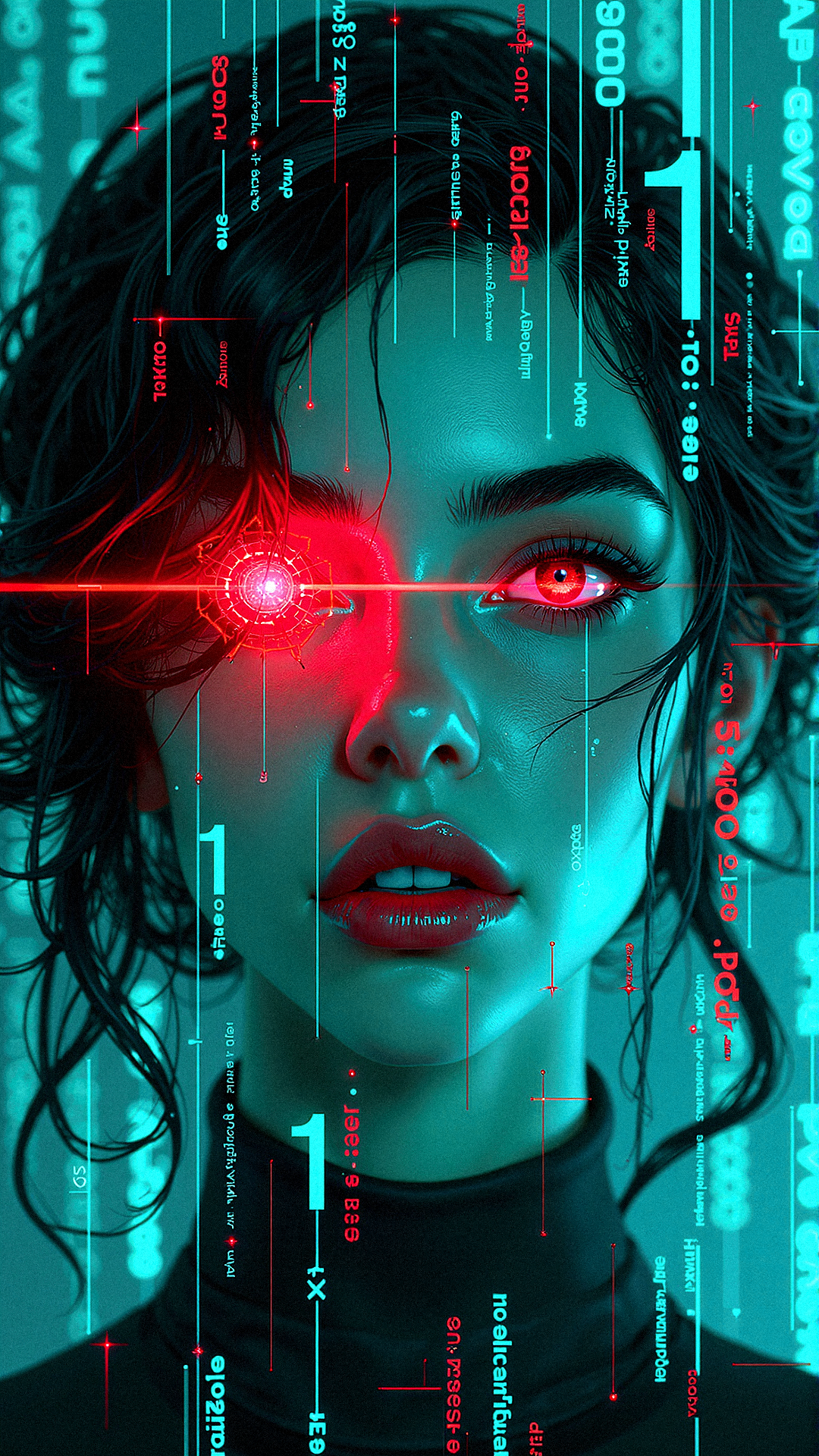 The Quantum Dreamer, A  portrait of a woman with a cybernetic red eye, her face lit by cascading streams of glowing numbers and equations. The background is an infinite expanse of overlapping periodic elements, pulsating in neon blues and greens. 

Extreme emphasize on photorealistic, realistic detail, realistic reflection detail and realistic background detail. 















