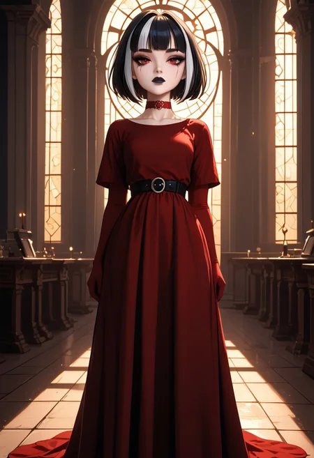 (masterpiece), 8k, best quality, ultra-detailed, (high res), cinematic lighting, beautiful lighting, high quality, studio quality, detailed, insanely detailed, extreme detail, refined detail, perfect detail, max detail, smooth lighting, detailed background, hyper detailed body, beautiful lighting, vibrant lighting, global illumination, absurdres, high-res, dynamic lighting, score_9, score_8_up, score_7_up, score_6_up, score_5_up, score_4_up, ponypositive, 1girl, solo, solo focus, (narrow waist, skinny, small body, slim), looking at viewer, (3/4 view), indoors, (Gothic Castle), bright lighting, daylight, sunshine, cute, kawaii, gleaming eyes, (closed mouth), no expression, legs spread, big eyes, (standing), alone, Expressiveh, (hands by sides), (rating_safe, sfw), cgi, (dark red dress, black dress accents), goth, blunt bangs, (dark red elbow gloves), long hair, red eyes, makeup, (black leather boots), black stockings, (dark red choker), lips, total drama, Crimson_(Total_Drama), (pale white skin), black lips, lipstick, (black hair, white bangs, multi-colored hair, streaks), (long dress), (goth makeup), black belt, jewelry,