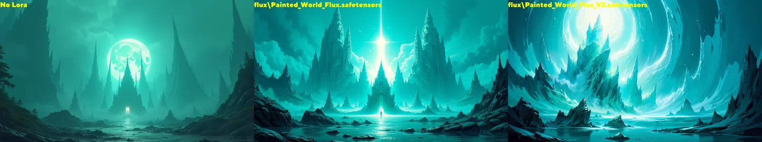painted world, highly detailed, radical, dramatic angle, masterpiece, best quality, official art, magnificent lighting, otherworldly structures in the distance, Teal color palette, Sacred and serene temples dedicated to spiritual enlightenment and worship, no humans