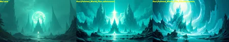 painted world, highly detailed, radical, dramatic angle, masterpiece, best quality, official art, magnificent lighting, otherworldly structures in the distance, Teal color palette, Sacred and serene temples dedicated to spiritual enlightenment and worship, no humans