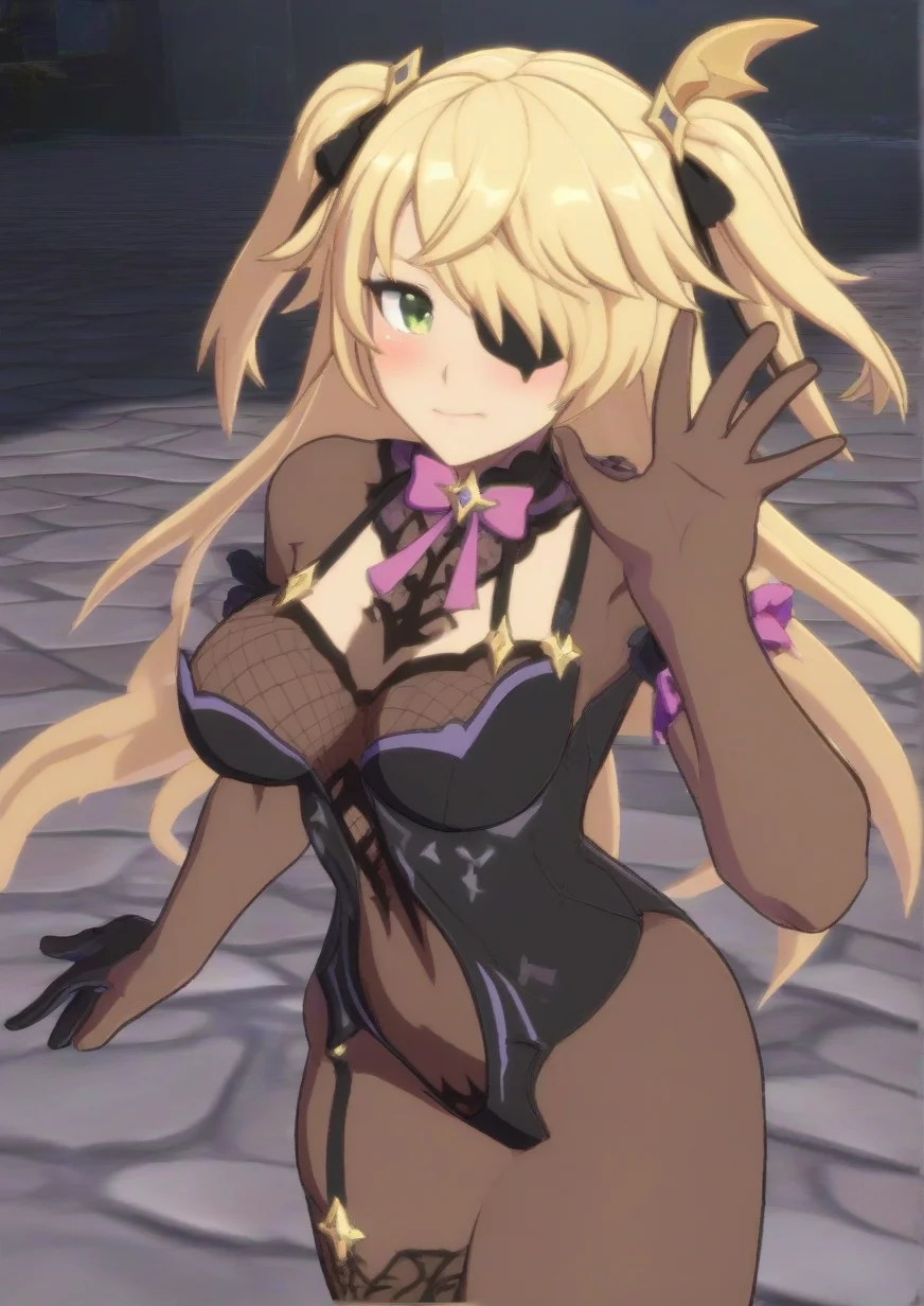 1girl, fischl (genshin impact), huge breast, 3d, arm garter, black gloves, black leotard, black ribbon, blonde hair, blush, bodystocking, bow, bowtie, breasts, brown thighhighs, closed mouth, detached collar, elbow gloves, eyepatch, garter straps, gloves, green eyes, hair ribbon, leotard, long hair, long sleeves, looking at viewer, one eye covered, pink bow, pink bowtie, ribbon, single glove, single thighhigh, solo, thighhighs, two side up, very long hair,zPDXL3 <lora:GUILTY_GEAR_-STRIVE-3d:0.8>