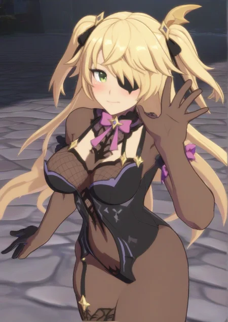 1girl, fischl (genshin impact), huge breast, 3d, arm garter, black gloves, black leotard, black ribbon, blonde hair, blush, bodystocking, bow, bowtie, breasts, brown thighhighs, closed mouth, detached collar, elbow gloves, eyepatch, garter straps, gloves, green eyes, hair ribbon, leotard, long hair, long sleeves, looking at viewer, one eye covered, pink bow, pink bowtie, ribbon, single glove, single thighhigh, solo, thighhighs, two side up, very long hair,zPDXL3 <lora:GUILTY_GEAR_-STRIVE-3d:0.8>