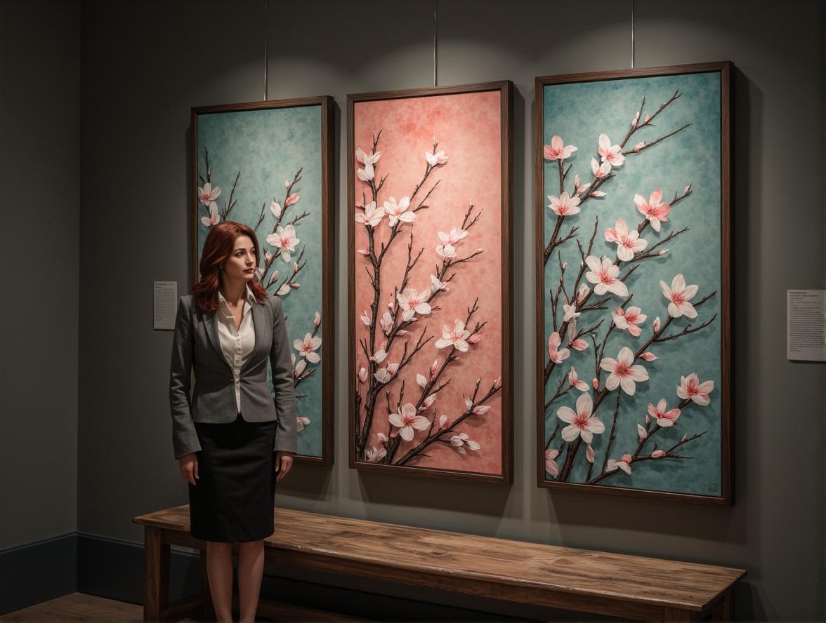 <lora:rbcharc0al_flux.safetensors:1> rbcharc0al
In the dimly lit gallery, a triptych of vertical panels stands prominently, each adorned with delicate pink and white flowering branches against muted teal and salmon backgrounds. The intricate, digital design mimics traditional watercolor techniques, gracefully showcasing the contrast and balance of natural elements with soft, pastel hues. The panels, likely used for decorative purposes, evoke a serene, springtime aesthetic. However, the lighting is no longer even; it flickers faintly, casting shifting shadows that dance across the delicate petals and branches.
From the shadows, whispers emerge, subtle and undulating, as though carried by a gentle breeze. The air is thick with an unseen presence, a sense of paranoia and fear that subtly influences the environment. The whispers, faint and ethereal, seem to weave through the fabric of the setting, creating an atmosphere of unease and intrigue. They murmur of secrets hidden within the petals, of unseen forces that guard the delicate beauty of the artwork.
In the silence, a middle-aged woman with auburn hair, dressed in a tailored grey jacket and black pencil skirt, stands before the triptych. Her eyes, a deep hazel, trace the intricate details, but her expression is one of uncertainty, as if she senses the hidden tension and the whispers that echo from the shadows. The contrast between the visible serenity of the panels and the hidden, unsettling forces creates a palpable tension, leaving the viewer to question what is real and what lies beyond the surface.