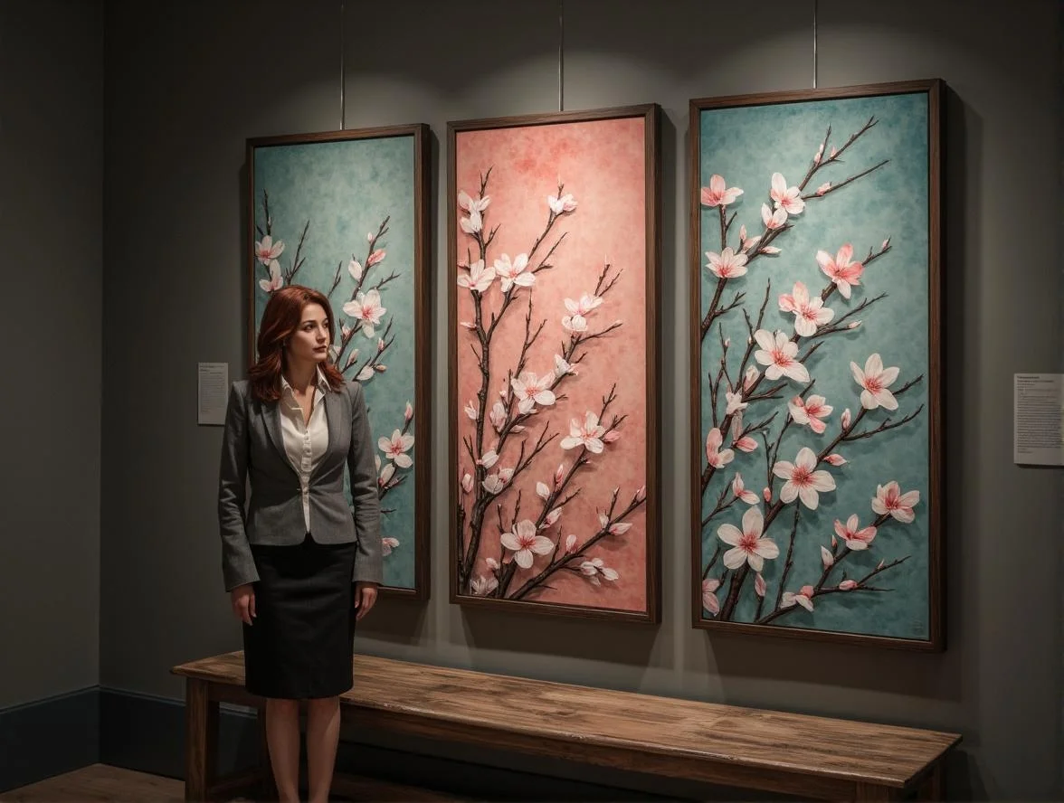 <lora:rbcharc0al_flux.safetensors:1> rbcharc0al
In the dimly lit gallery, a triptych of vertical panels stands prominently, each adorned with delicate pink and white flowering branches against muted teal and salmon backgrounds. The intricate, digital design mimics traditional watercolor techniques, gracefully showcasing the contrast and balance of natural elements with soft, pastel hues. The panels, likely used for decorative purposes, evoke a serene, springtime aesthetic. However, the lighting is no longer even; it flickers faintly, casting shifting shadows that dance across the delicate petals and branches.
From the shadows, whispers emerge, subtle and undulating, as though carried by a gentle breeze. The air is thick with an unseen presence, a sense of paranoia and fear that subtly influences the environment. The whispers, faint and ethereal, seem to weave through the fabric of the setting, creating an atmosphere of unease and intrigue. They murmur of secrets hidden within the petals, of unseen forces that guard the delicate beauty of the artwork.
In the silence, a middle-aged woman with auburn hair, dressed in a tailored grey jacket and black pencil skirt, stands before the triptych. Her eyes, a deep hazel, trace the intricate details, but her expression is one of uncertainty, as if she senses the hidden tension and the whispers that echo from the shadows. The contrast between the visible serenity of the panels and the hidden, unsettling forces creates a palpable tension, leaving the viewer to question what is real and what lies beyond the surface.
