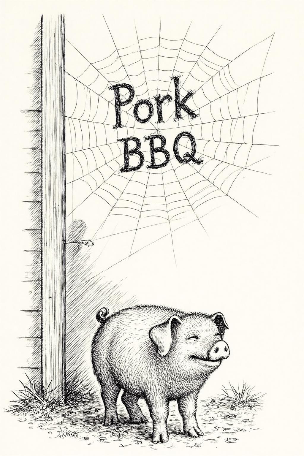 gawi1 illustration. 
A pig, eyes closed, is standing beside a barn door. Above the pig is a spider web, with the word "Pork BBQ" weaved into the web.
 <lora:gawi1_cap_d6a3e12:1.0><lora:827362197874330892:0>