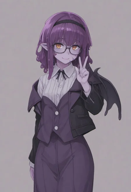 score_9, score_8_up, score_7_up, score_6_up, 1girl, solo, source_anime, purple skin, scar on face, freckles, slime hair, slime girl, pointy ears, demon wings, huge horns, drooling, bangs, hair over eyes, undead, hairband, glasses, suit jacket, white pencil skirt, long skirt, pantyhose, hairband, small breasts, skinny, curly hair, medium hair, hime cut, brown eyes, profile, winking smile, v