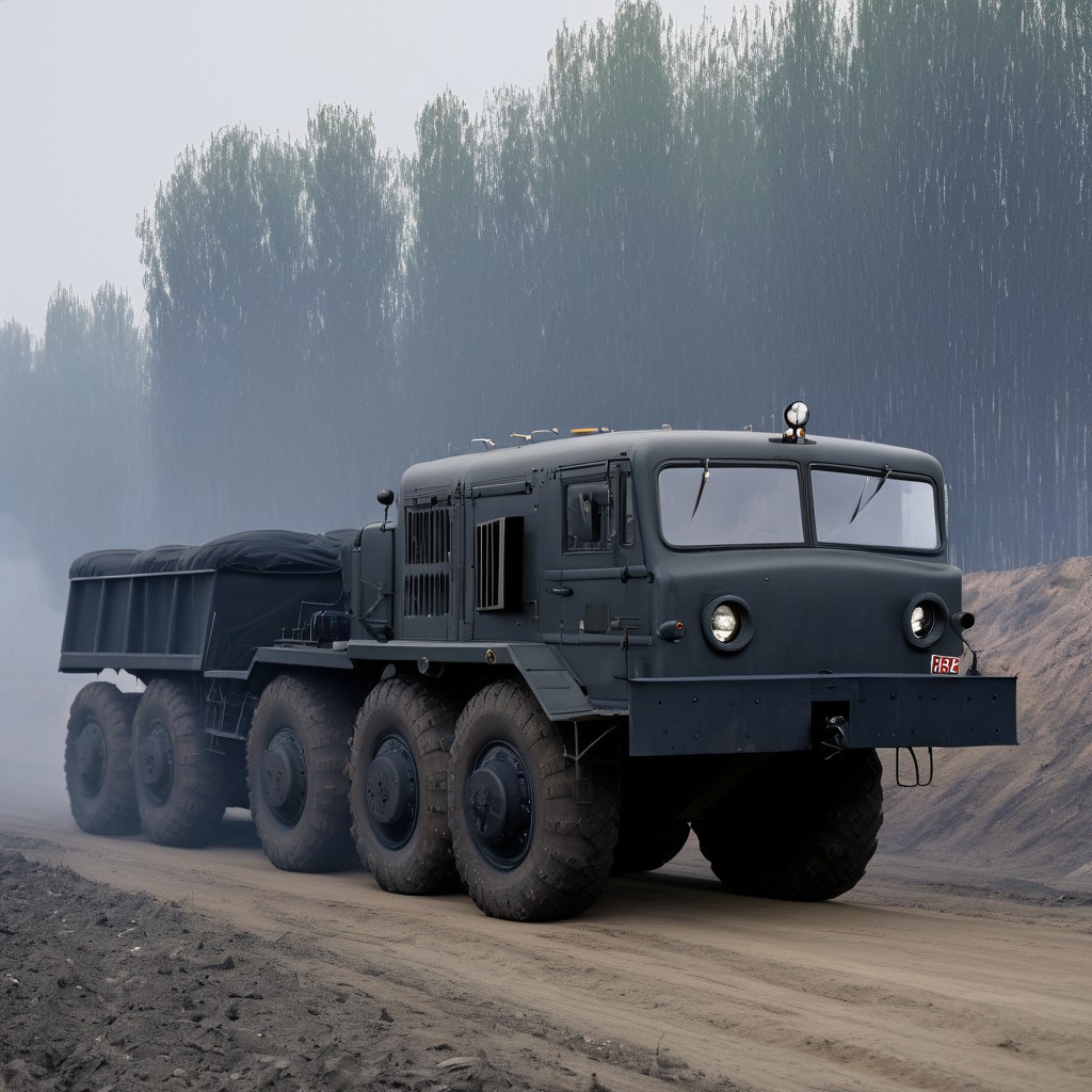 MAZ-537 Drives through the black bush, without raising a cloud of black dust, a large body behind the cabin.
side view