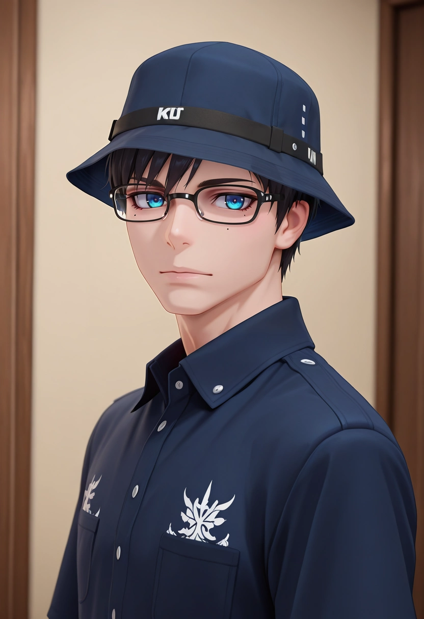 masterpiece, best quality, intricate details, (3d:0.4), looking at viewer, 1boy, solo, male focus, <lora:yukio_okumura_ilxl:1>, yukio_okumura, black hair, blue eyes, mole, mole under eye, glasses, black-framed eyewear, , , bucket hat