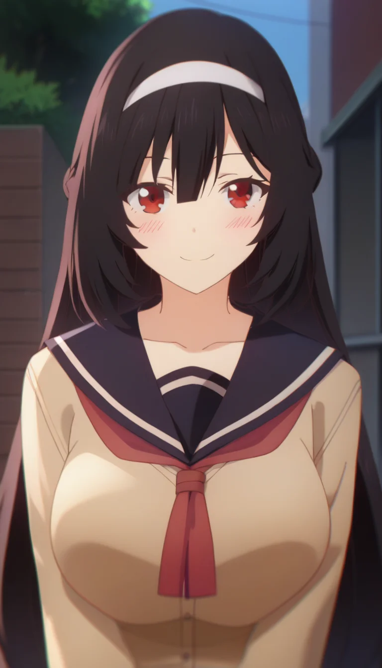 score_9,score_8_up,score_7_up,score_6_up BREAK official art,solo,outdoors,upper body,(portrait:1.5),looking at viewer,facing viewer,smile,blush,Karen Inukai,long hair,black hair,white hairband,braid,hair between eyes,parted bangs,red eyes,collarbone,school uniform,black sailor collar,brown cardigan,red neckerchief,long sleeves,large breasts,skindentation,miniskirt,black skirt,pleated skirt,black pantyhose,loafers,brown footwear,<lora:Karen Inukai(mlid)-Pony:1.8>,