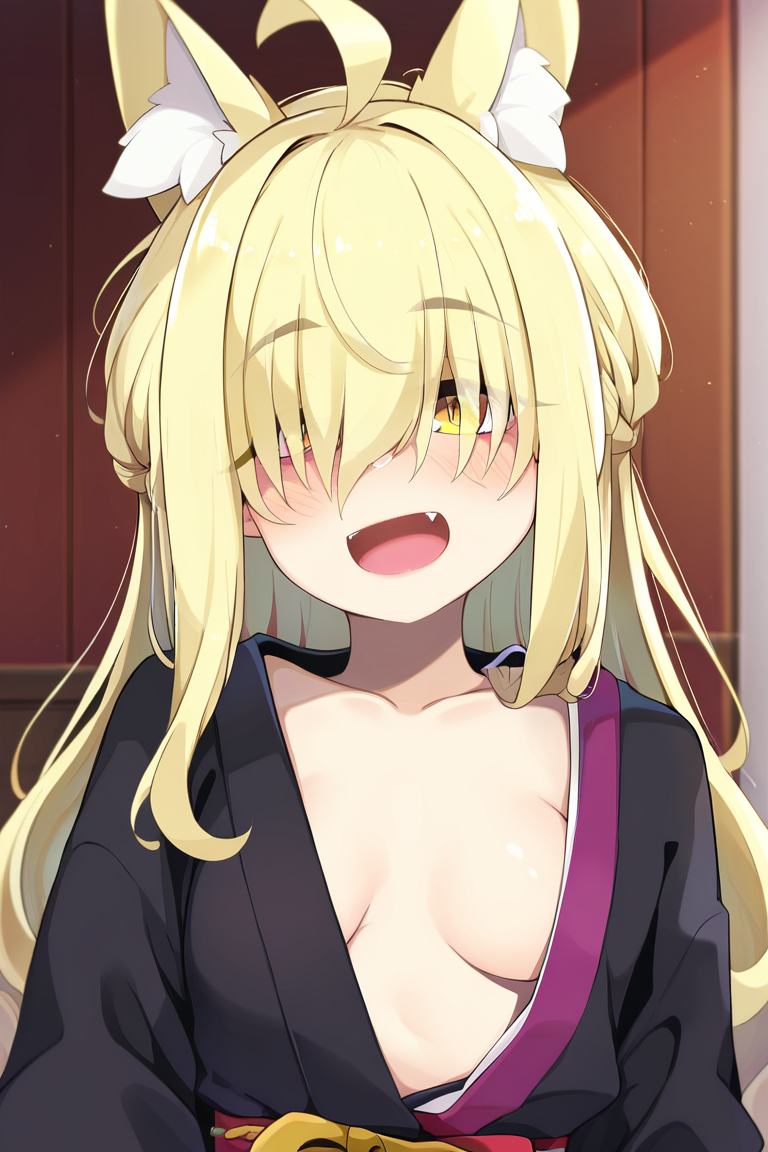 solo, 1girl, female, ogami2160,  ahoge, animal ears, black jacket, black shirt, blonde hair, blush, fake tail, fangs,  grey hair, hair over eyes,long hair, naked kimono, BREAK indoors, colorful, looking at viewer, BREAK ((ultra-detailed)), ((best quality)), ((best quality)), ((beautiful eyes)), ((extremely detailed)), 4K, (8K), best quality, (beautiful), Master piece, highres, score_9, score_8_up, score_7_up, score_6_up, score_5_up, score_4_up, colorful, best quality, official art, highres, masterpiece, nai3, god light, detailed background, high quality background, <lora:Ogami2160_Style:1>