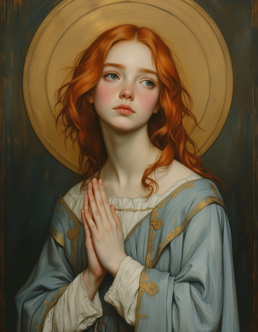 A Catholic Icon of a young pious female saint, depicted with a serene and peaceful expression. She has pale porcelain white skin, deep blue eyes, and bright red hair. She wears a modest light blue gown, which drapes elegantly around her slender form. The gown is detailed with intricate gold embroidery, symbolizing purity and faith. A gold halo behind her head indicates her sainthood. She exudes grace and compassion. The background should be simple, emphasizing the saintâs spiritual significance. Soft, muted colors with a glow or subtle light emanating from the saint enhance her divine presence. Include gentle, ample light shining down, illuminating her and casting a subtle halo effect. Her eyes are calm, gazing slightly upwards, suggesting a deep connection with the divine. Her hands are either in a prayer position or open, implying blessing and benevolence. The overall art style should evoke traditional religious iconography, with a focus on symmetry and balance. The saintâs features should be soft yet defined, embodying both holiness and humility. Painted by John Singer Sargent, Rembrandt lighting, brush stroke, Focus on the girl, shadow and light, Masterpiece, intricate lines, intriguing atmosphere, sharp magnificent details, delicate features, elaborate details, (2\3 rule composition:0.5), ultra detailed, romantic, Rembrandt lighting, brush stroke, lovely, novuschroma, in the style of Rembrandt. vantablack, OBxiaoxiang <lora:style_of_Rembrandt_FLUX_135:.8> <lora:- Flux1 - vanta_black_V2.0:.6> <lora:113_novuschromaFLX_1:.2> <lora:Midjourney_Whisper_Minimal:.3> <lora:neeeg_f1:-.5>  <lora:OBååå®èåç»V2.0:.6>