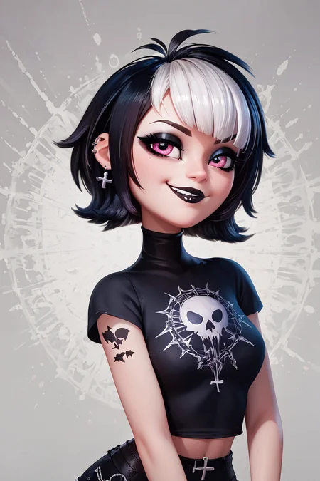 score_9, score_8_up, score_8, medium breasts, (curvy), cute, eyelashes, BREAK, , ,,, <lora:GothMavis_PDXL:0.8>, zzGothMavis, black hair, white hair, makeup, short hair, black lips, multicolored hair, two-tone hair, ear piercing, eyeshadow, gothic, shirt, lipstick, tattoo, turtleneck, cross ,,, , BREAK, smile, looking at viewer, ,,, abstract background, white outline, cowboy shot, ,,, embedding:zPDXL, Expressiveh, ,,, <lora:CatalystStylePDXL:0.6>, <lora:SDXLFaeTastic2400:0.5>, <lora:Expressive_H-000001:0.4>,