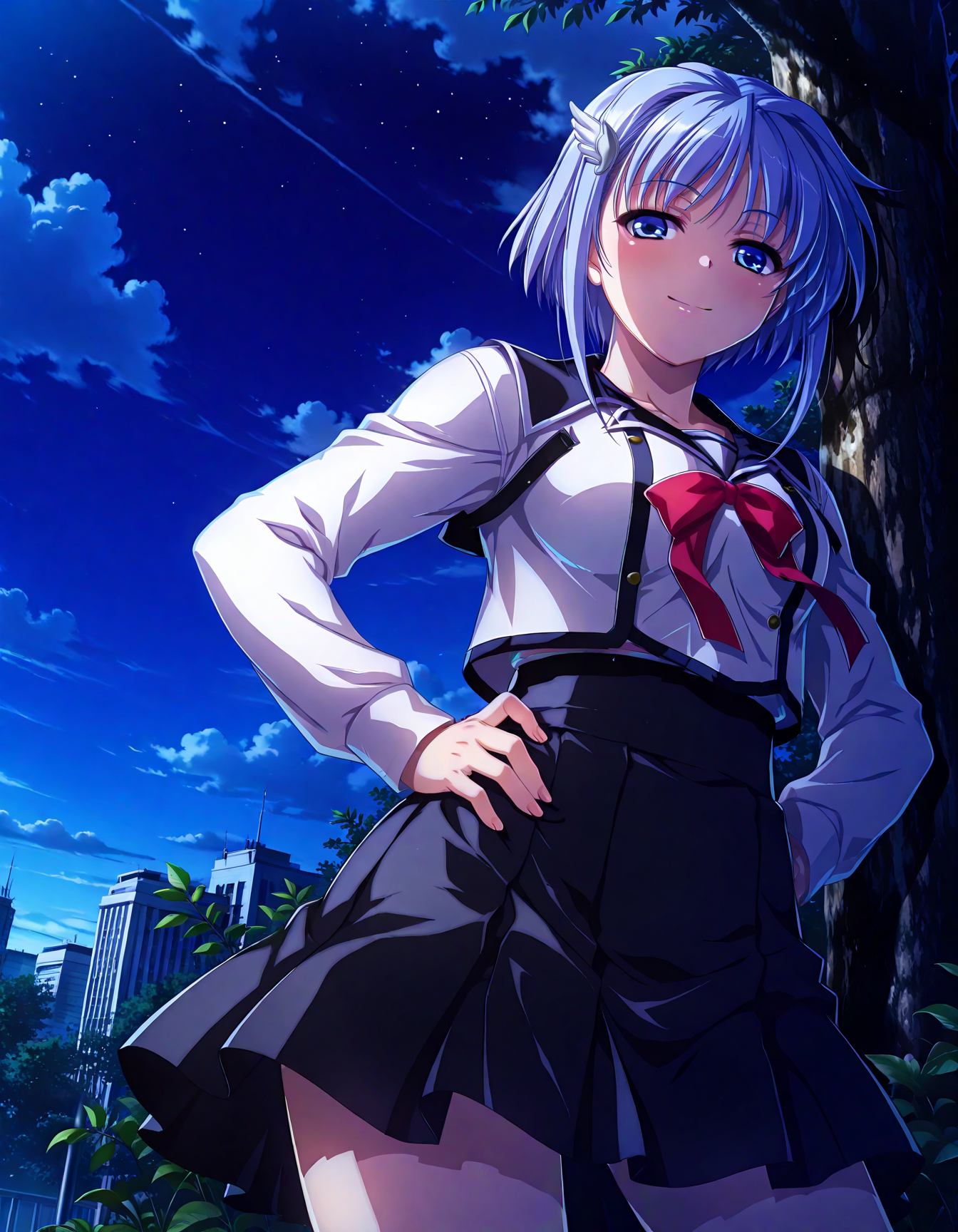 (1girl, solo:1.3), (2girls, 3girls, 4girls, multiple girls, 2boys, 3boys, 4boys, multiple boys:-1.5) <lora:Kajio_Honoka_Denshanai_de_Now_Illustrious:0.9>, kajio_honoka, medium breasts, blue eyes, blue hair, short hair, bangs, sidelocks, hair ornament, school uniform, serafuku, red ribbon, black skirt, pleated skirt, smile, (half-closed eyes:0.7), general, contrapposto, dynamic pose, hands on own hips, portrait, from behind, from below, , outdoors, central park, tree, weeds, cityscape, sky, cloud, , <lora:NOOB_EPSv1_1_detailer_by_vlnvk_v1_0:1.5>, (photo background:0.7), night, (tachibana yuu:0.6), inue shinsuke, (kazuma muramasa:0.0), saikawa yusa, (aoi manabu:0.6), abarerumidori, (suzui narumi:0.6), masterpiece, newest, absurdres, 8K, anime screenshot, anime coloring, flat color, official art, film grain, <lora:illustriousXLv01_stabilizer_v1.185c:0.7>, <lora:LECO_Solo:-4.0>,