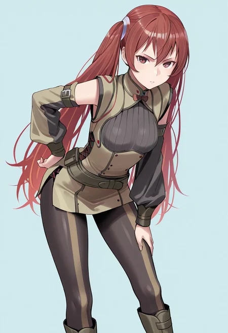 masterpiece, best quality, crimsonj-girl.fightil,
  1girl, Severa, long hair, red hair, twintails, red eyes, Tunic, detached, sleeves, pantyhose, boots
looking at viewer
  Simple background, ,  perfect anatomy