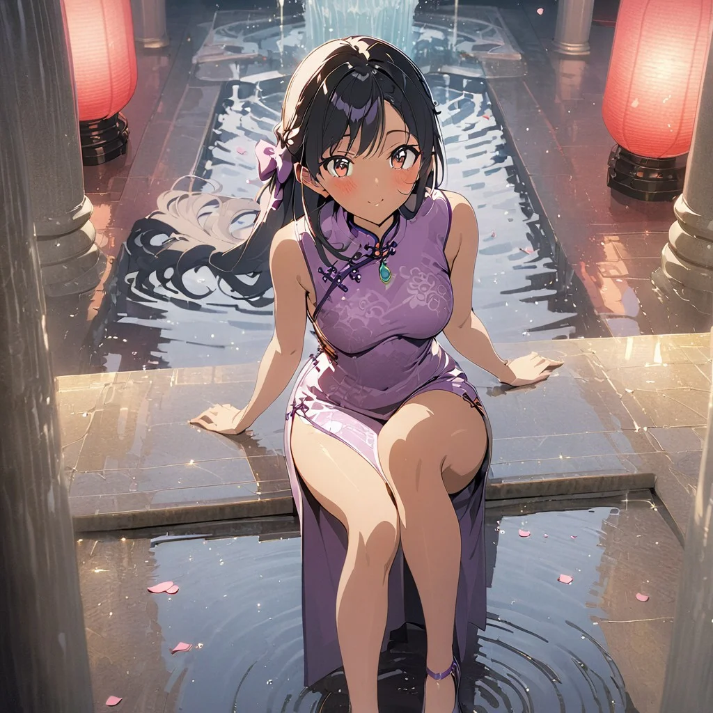 gorgeous lips, cinematic, (masterpiece), (best quality), (ultra-detailed), very aesthetic, illustration, perfect composition, intricate details, absurdres, detailed face, (anime, masterpiece, intricate:1.3), (best quality, hires textures, high detail:1.2)from the front, outdoors, full body shot
BREAK, a anime girl with very long black hair, straight hair styled in a half up do,marble fountain, cherry blossom tree around the fountain, 1girl, solo, side swept bangs, medium breasts, long hair, black hair, looking at up, siting, sexy purple long flowing silk cheongsam, high slit, toned legs, legs crossed, XCYP  Cheongsam beauties, necklace, hair ribbon, purple back head hair bow, smiling, hair blowing in the wind, cheongsam blowing in the wind,  blush,purple heels , collarbone, brown eyes, perfect eyes, pink petals blowing in the wind, night time, starry sky, sitting on the fountain, looking at viewer, pink paper lanterns, soft lighting, dolly shot, seductive mood, pursed lips,