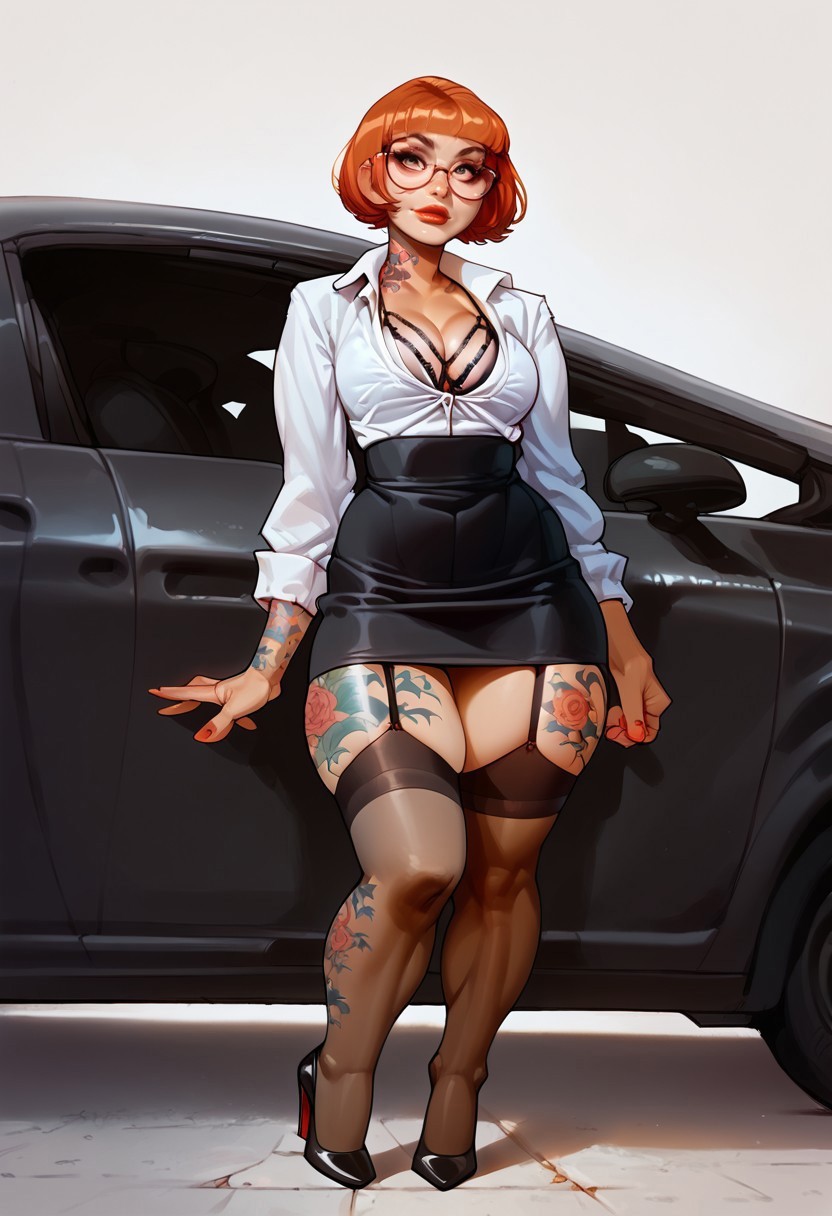 safe_pos, score_9, score_8_up, score_7_up, score_6_up, score_9, score_8_up, score_7_up, score_6_up, masterpiece,, perfect huge round butt, huge bubble butt, business_outfit, 1GIRL, SOLO,  GLASSES, THIGHHIGHS, SKIRT, BREASTS, HIGH HEELS, , GARTER STRAPS, UNDERWEAR, CLEAVAGE, TATTOO, SHIRT, LEG TATTOO, SHORT HAIR, LACE-TRIMMED LEGWEAR, BRA, WHITE SHIRT, 1GIRL, SOLO, GLASSES, THIGHHIGHS, SKIRT, BREASTS, HIGH HEELS,  GARTER STRAPS, UNDERWEAR, OFFICE LADY, CLEAVAGE, TATTOO, SHIRT,  SHORT HAIR, BRA, WHITE SHIRT, ground vehicle, next_to_car, business_outfit