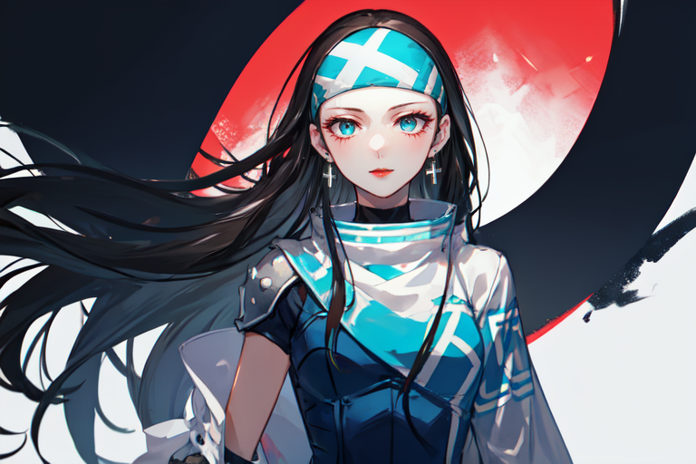 highly insanely detailed, masterpiece, top quality, best quality, highres, 4k, 8k, RAW photo, (very aesthetic, beautiful and aesthetic),  
beth_\(megami_tensei\),bethsmtii,shin megami tensei ii,long hair,black hair,straight hair,sleek black,jewelry,cross,headband,red_lipstick, 
<lora:zs_Beth:0.8>, 
(1girl:1.3), 1other, 
pure cyan background,pure red background,pure blue background,(gradient background,color splash background),âââ
