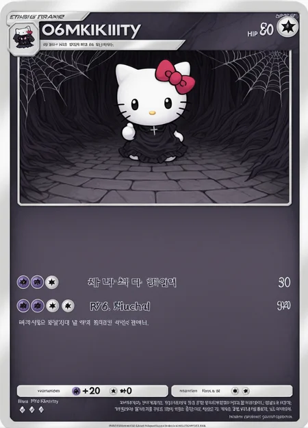 hello kitty \(character\), purple black theme, dark forest, pavement, spider web, horror \(theme\), cross, 666, close-up, looking at viewer,
card \(medium\), custom tcgpocket,
character name, (korean text:1.05), fake screenshot, official style,
copyright name, watermark, artist name, copyright notice, watermark,
rating safe, omufujoshi,
masterpiece, best quality, amazing quality, <lora:omufujoshi:1.0> <lora:tcg_pocket_resized:1.0>