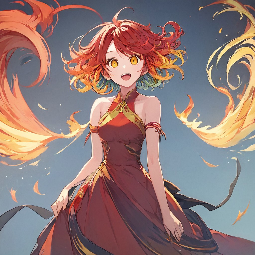 score_9,score_8_up,score_7_up,score_9,score_8_up,score_8,ultra detailed, beautiful face, highres, Expressiveh,
BREAK, 1girl, solo, kamiya yuu, no game no life, official art, 
gradient hair, multicolored hair, multicolored eyes,
(red hair:1.3), curly hair, yellow hair ends, yellow highlights, phoenix girl, red eyes, yellow eyes, gradient eyes, red dress, bare shoulders, straps, slight cleavage,
happy, looking at viewer, giddy, smile, open mouth,
jyojifuku, dress, phoenix dress, fire element, composed of fire elements, feathers, burning feathers in air,