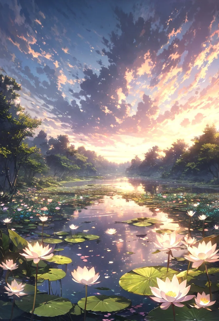 detailed background,( Calm spring night landscape), amongst lush greenery, beautiful view, Water lilies in full bloom, Water lilies, Unexplored, early morning, sunrise sky, beautiful clouds, dappled sunlight, beautiful, Tranquil Lake, Walkway, petals dancing in the wind, depth of field, masterpiece, best quality, ultra-detailed, very aesthetic, illustration, perfect composition, intricate details, absurdres, moody lighting, wisps of light, no humans,