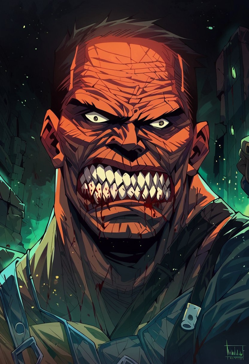 score_9, score_8_up, score_7_up, score_6_up, 1boy, cowboy shot, angry monster, blood from mouth, green, brown eyes, masculine, hulking,
raging look on face,
looking back,
eye contact, 
expressive,
outside, night, glowing background
black linework, ruins