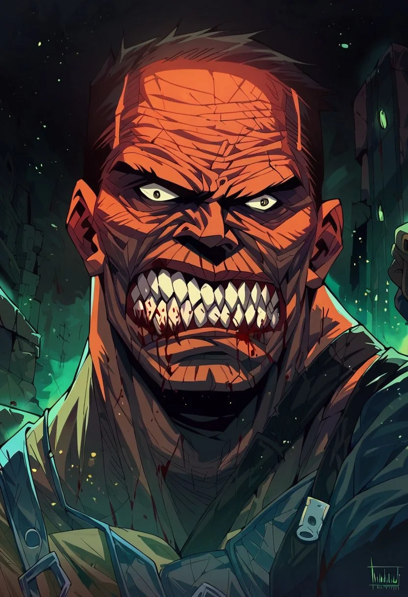 score_9, score_8_up, score_7_up, score_6_up, 1boy, cowboy shot, angry monster, blood from mouth, green, brown eyes, masculine, hulking,
raging look on face,
looking back,
eye contact,
expressive,
outside, night, glowing background
black linework, ruins