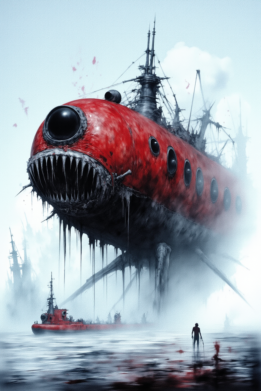 sharp photo of a digital art piece that appears to be a futuristic landscape. It shows a large, red and black ship that is floating in the middle of a body of water. The ship is covered in intricate patterns and designs, with a large dome-like structure on top. The dome has multiple windows and a large circular window on the left side, and a smaller dome on the right side. The structure is made up of multiple layers of metal and glass, with some areas of the ship appearing to be covered in a layer of ice and snow. The sky is a pale blue, and there are a few clouds in the background. In the foreground, there is a small red submarine with a pointed nose and a pointed bow. There are also a few people walking on the water near the ship. The overall mood of the image is eerie and mysterious.,Dark Art