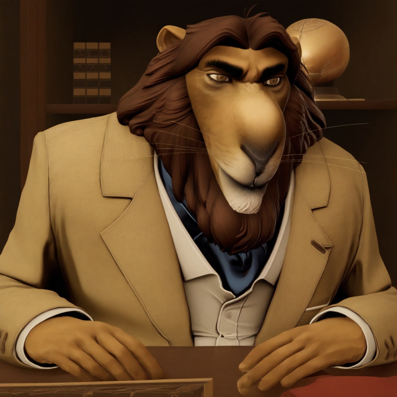 score_9, score_8_up, score_8, masterpiece, best quality, amazing quality, very aesthetic, absurdres, newest, high quality, perfect anatomy, best anatomy, correct anatomy, detailed, solo, Thorpe, 1boy, furry male, brown hair, lion, whiskers, jacket, lion nose, lion ears, facial hair, formal, white collared shirt, blue undershirt, pants, black shoes, fur, thick eyebrows, wheelchair, brown eyes, long hair, older male, desk, bookcase. sitting in wheelchair