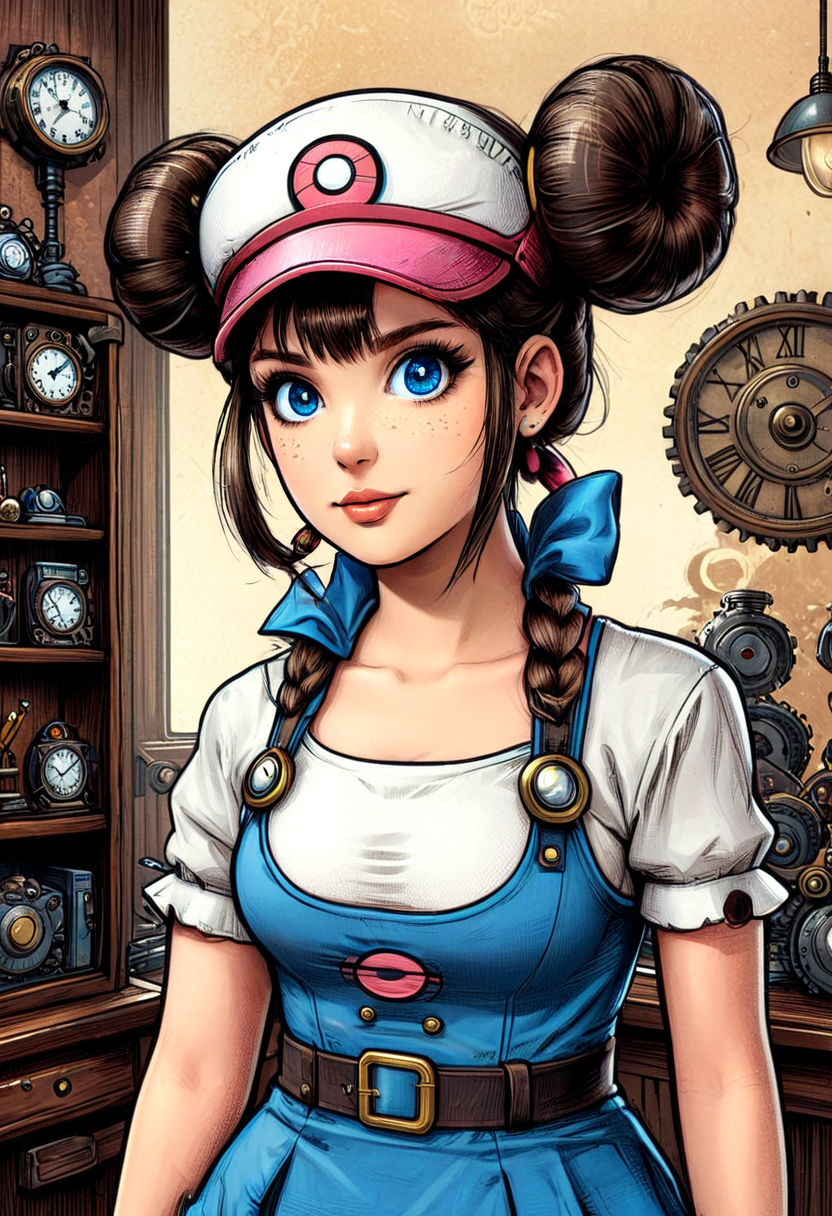 steampunk rosa (pokemon), hair bun, blue eyes, twintails, visor cap, indoor, comic illustration, perfecteyes, adorable, mobe-90c0m, high quality, absurdres, 4k, <lora:RetFutCom-V1:0.80>, <lora:Rosa_XL:1>, <lora:PerfectEyesXL:1>, <lora:add-detail-xl:0.90>,