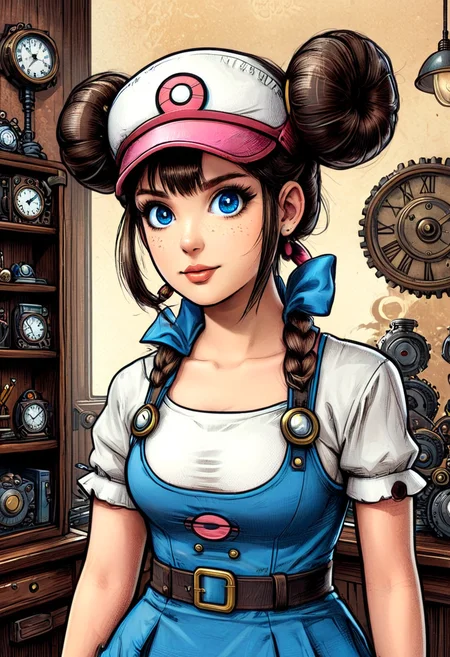 steampunk rosa (pokemon), hair bun, blue eyes, twintails, visor cap, indoor, comic illustration, perfecteyes, adorable, mobe-90c0m, high quality, absurdres, 4k, <lora:RetFutCom-V1:0.80>, <lora:Rosa_XL:1>, <lora:PerfectEyesXL:1>, <lora:add-detail-xl:0.90>,