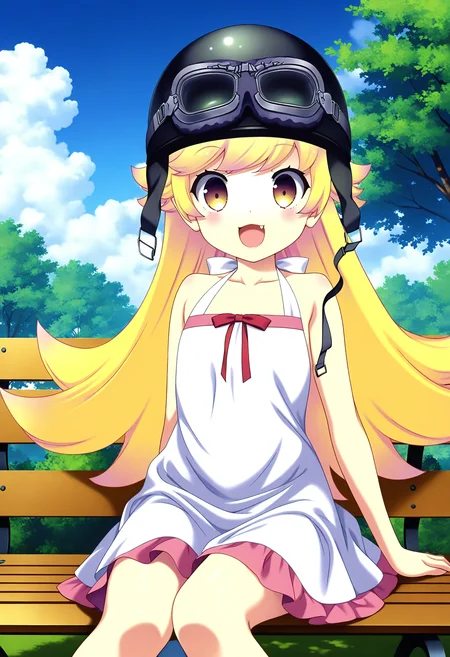 1girl, solo, looking at viewer, park bench, outdoors, sitting, smile, cowboy shot, oshino shinobu, open mouth, long blonde hair,
dress, bare shoulders, yellow eyes, fang, black helmet, goggles on helmet,
BREAK outdoors, park bench, sky, day, cloud, shinobu_ren_ai_mangaka <lora:shinobu_ren_ai_mangaka_IL:1>