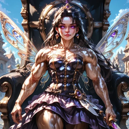 Action scene, detailed, photo realistic, hyper realistic, score_9, rating_safe, solo ((arch fey, violet eyes, (beautiful woman, white underbust corset, skirt, pants, sword belt, and holding a sword), ((bronze metallic gold skin ral-polishedsteel)), ((huge muscles, muscular shoulders, muscular thighs, muscular biceps, muscular torso, small petite breasts)), (fairy wings), (long black hair))), (standing next to a multicolored crystal throne, in a detailed throne room filled with treasures, detailed lighting), hi res, hi quality, 4k, concept art, digital art, realistic, detailed background, lens flare, pixel art, piratical beauty, great lighting