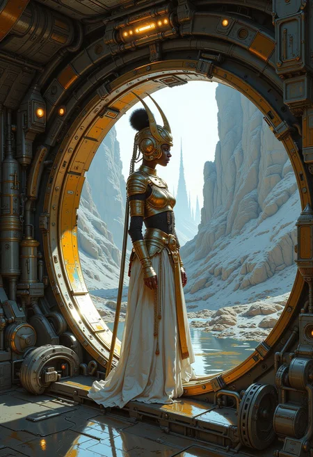 Cyberpunk concept art. Medium shot. A female African warrior in samurai armour stands at the viewport of a military spaceship. Painterly. Soft brushstrokes, golden accents. Ambient lighting with complementary colors. Deep shadows, misty atmosphere. Metal and white. Sci-fi city outside. 8k resolution, cinematic film still, futuristic architecture, sci-fi illustration, avant-garde, digital art, high contrast, vibrant colors. Wcol style
