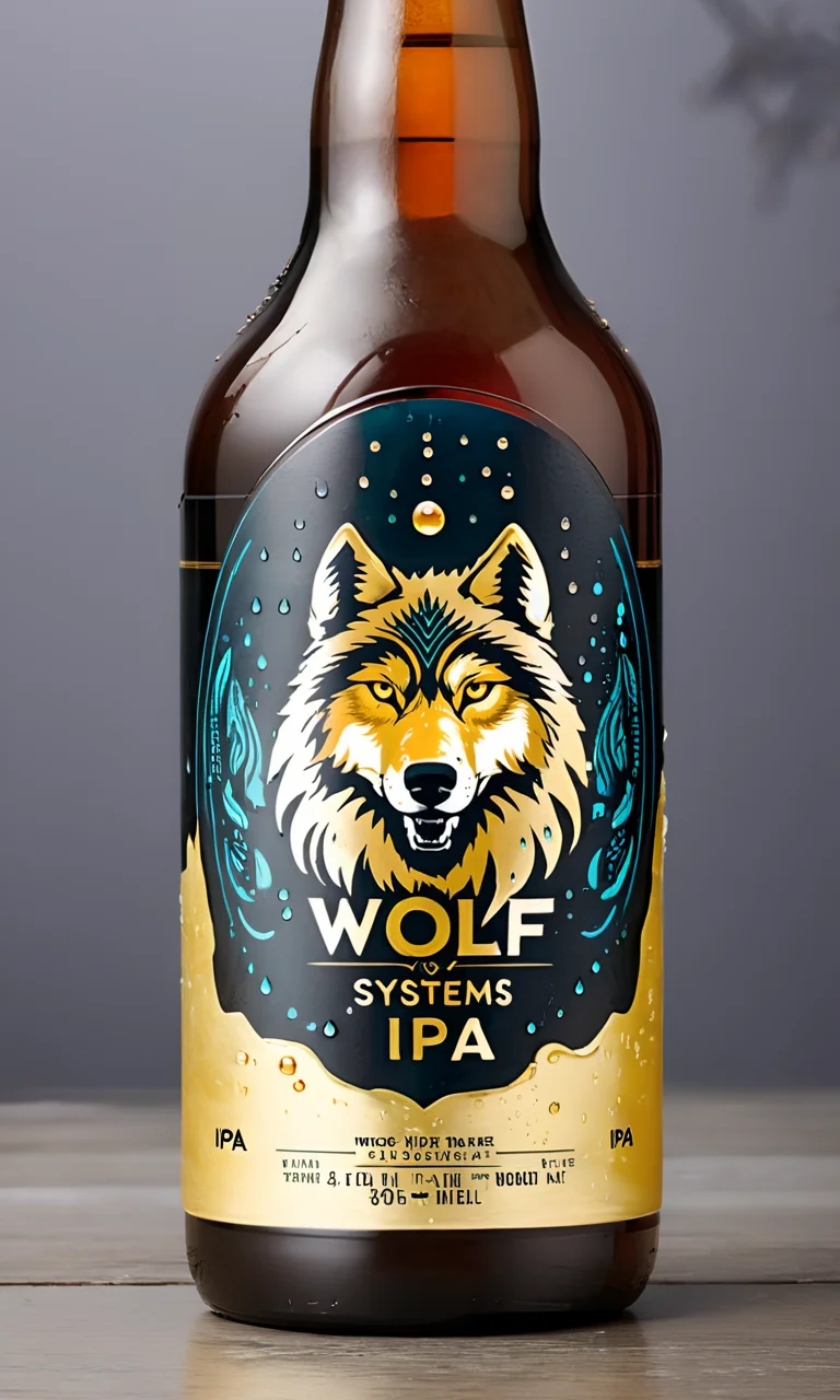 <lora:bevlabsdxl:0.9>,a beer bottle with a wolf on it, text " Wolf-Systems IPA", bevlabsdxl, best quality, masterpiece, water droplets, logo, fancy beer, gold label