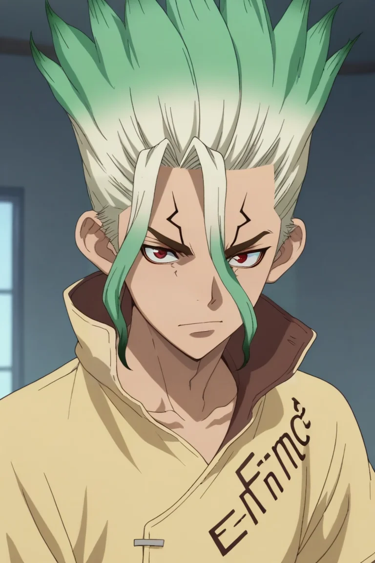 score_9, score_8_up, score_7_up, source_anime, anime screencap, , , looking at viewer, upper body, depth of field, 1boy, solo, male focus, <lora:senkuu_ishigami_pony:0.96>, senkuu_ishigami, green hair, red eyes, multicolored hair, two-tone hair, white hair, facial mark, fruits costume, atompunk, , <lora:sdxl_lightning_8step_lora:1>