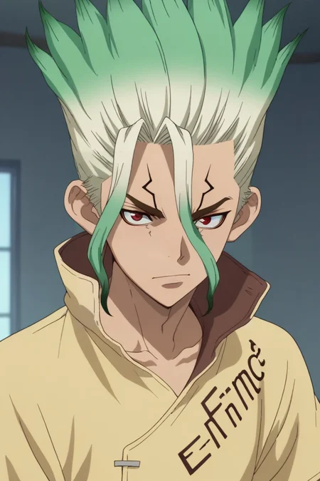 score_9, score_8_up, score_7_up, source_anime, anime screencap, , , looking at viewer, upper body, depth of field, 1boy, solo, male focus, <lora:senkuu_ishigami_pony:0.96>, senkuu_ishigami, green hair, red eyes, multicolored hair, two-tone hair, white hair, facial mark, fruits costume, atompunk, , <lora:sdxl_lightning_8step_lora:1>