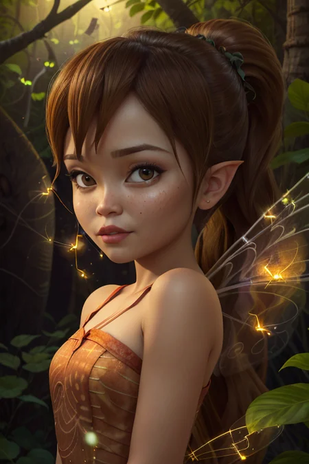 picture, photography, masterpiece, 8k, canon, perfect ligthing, bloom, cinematic lighting, adult, perfect skin, female, looking at viewer, upper body, portrait, (Fawn), FawnWaifu, single long ponytail, long hair, (thight Brown dress), (extra long white fairy wings), fairy wings, (brown eyes), pointy ears, stardust, rainforest, tiny, shrink, (fireflies:1.5), big leaves, tropical, night, <lora:FawnTinkerbellDisney-10:0.6><lora:realisticGlossyFaceSkin_rseromanticRsesofiko:0.5><hypernet:empty:0.5>