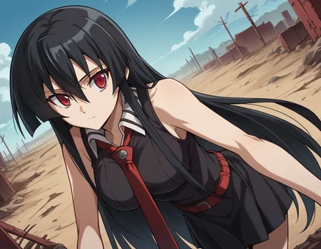 score_9, score_8_up, score_7_up, source_anime,
agkakame, <lora:agk-akame-s1-ponyxl-lora-nochekaiser:1>,
akame, long hair, black hair, red eyes, hair between eyes,
skirt, dress, necktie, sleeveless, belt, shirt, black shirt, collared shirt, red necktie, black skirt,
outdoors, wasteland, bent over,
cowboy shot, solo, dutch angle, looking at viewer,
