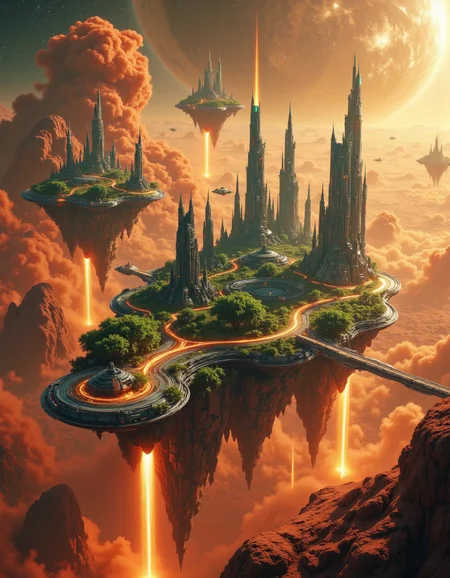 Suspended in the vast expanse of space, a mesmerizing chain of islands drifts serenely in orbit around the red planet, Mars. Each island hovers at a different altitude, their surfaces adorned with lush, emerald foliage that flourishes beneath the glimmering force fields enveloping them like protective shields. The shimmering barriers ripple like liquid light, refracting the harsh glow of distant stars and painting the sky with an ethereal iridescence.
Expansive land bridges connect these celestial wonders, their structures crafted from advanced alloys that gleam under the golden radiance of a nearby sun. Towering skyscrapers, sleek and futuristic, rise like monolithic sentinels from the dense greenery, their crystalline facades pulsing with streams of neon energy. Some seem to touch the heavens, their uppermost floors disappearing into the wisps of cosmic mist that swirl around them.
Above and below, sleek shuttles weave through the intricate pathways of this orbital oasis, descending gracefully toward the Martian surface in choreographed arcs of propulsion and light. Each craft leaves behind a faint, luminescent trail as it navigates through the shimmering force fields, vanishing into the crimson haze that blankets the planet below. The scene is a breathtaking fusion of sci-fi wonder and mystical grandeur, rendered in stunning 8K detail with the magic of Unreal Engine, Octane Render, and the unparalleled realism of ray tracing. It is a vision of a world where technology and fantasy entwine, suspended in the cosmos like an artistâs dream brought to life. <lora:Flux_Detailer_v3:0.8> Jeddtlv3 <lora:Test:0.8> n1t3_du5t