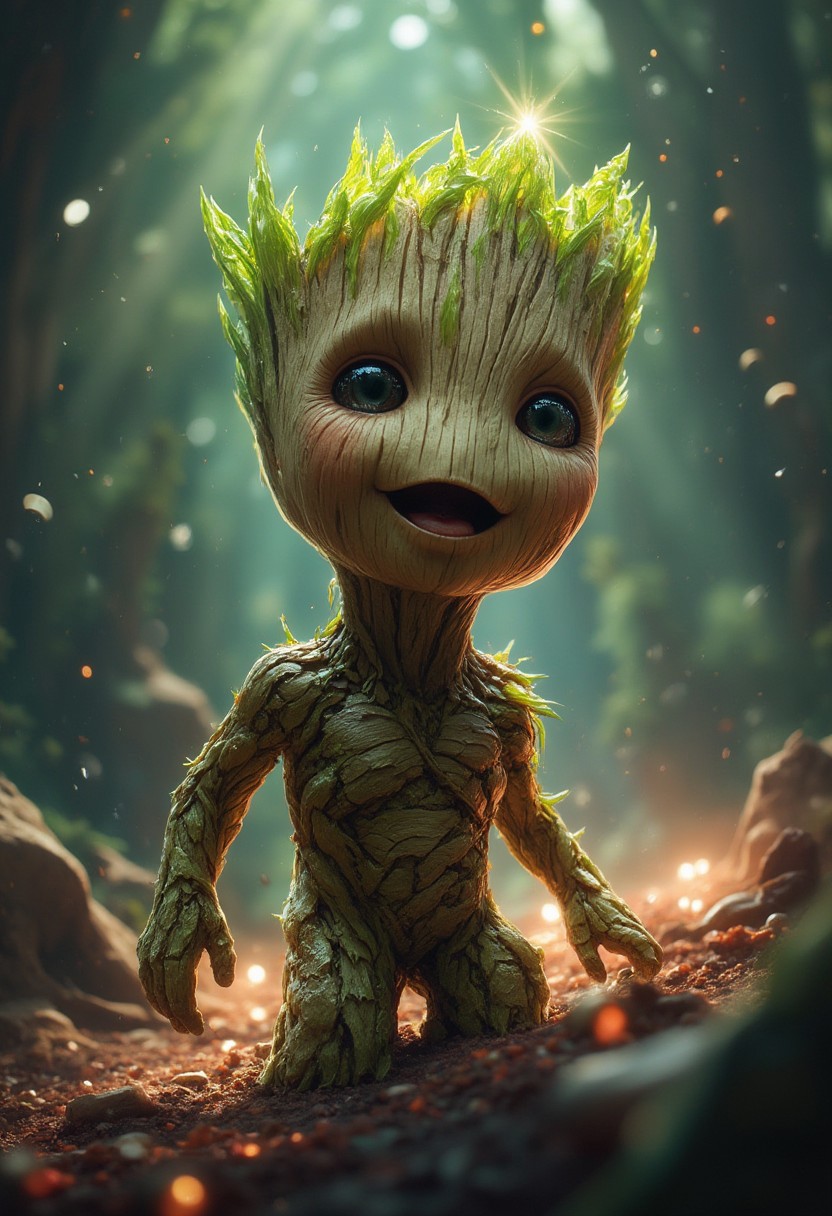 Baby Groot from guardians of the galaxy, excited, happy, rays of light, glowing, sparkling