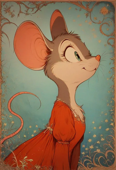 score_9, score_8_up, score_8, (solo:1.5), (fluffy:0.8), (feral:1.5), furry, (((mouse))), female, claws, (fluffy cheeks:0.5), (dress), j_cartoon, cute, (head focus, side view, portrait:1.5), (art nouveau:1.3), abstract,