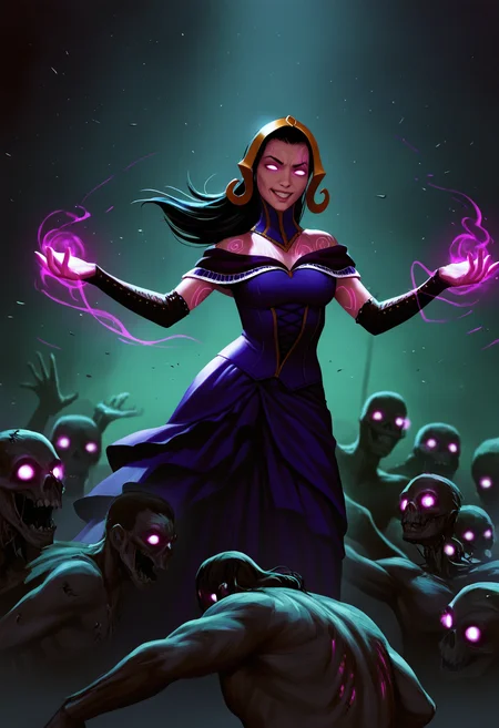 safe, masterpiece, very aesthetic, 1girl, liliana vess, mature female, markings, face markings, glowing markings, glowing eyes, (grin:0.7), purple magic, purple dress, action shot, dramatic lighting, multiple boys, zombie, undead, spread arms
<lora:LilianaVess-MTG_NAIXL_v10:1>