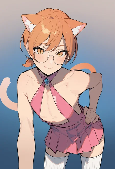 score_9, score_8_up, score_7_up,
1femboy, skinny, light orange cat ears, light orange (cat tail), short ponytail, air_ bangs, (light orange hair), yellow eyes, slit pupils, round glasses,
blush, squishy thighs, horny, shy, white stockings, Skimpy dress, mini dress, pleated skirt, neckhalter dress, pink dress, gradient dress,
cozy, looking at the viewer, smile, front view, hand on hip, finger on lips, looking at viewer, standing, leaning forward,
<lora:TeshimaNari:1>, teshimanari,