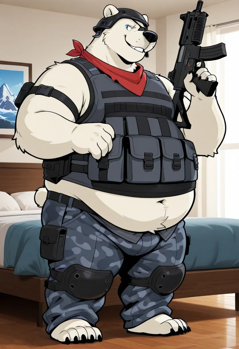 masterpiece, best quality, amazing quality, 1boy, solo, polar bear, bear snout, blue eyes, right eye patch, helmet, claws, male. anthro, male, black pawpads, cartoon style, 2d, overweight male, perfect eyes, (((detailed eyes))), expressive eyes, ((fat, chubby, obese, round belly)), ((excessive obesity)),, bedroom, inside, high quality, detailed, digital art, masterpiece, full body, (gray camouflage pants, gray tactical sleeveless vest, red bandana around the neck, arm wears), big butt, (standing, dynamic pose, holding assault rifles, front view), vivid color, detailed face, perfect face, masterpiece, absurdres, intricate detail, very aesthetic, ds0d, ((three-quarter view:1.3)), ((3/4_view))