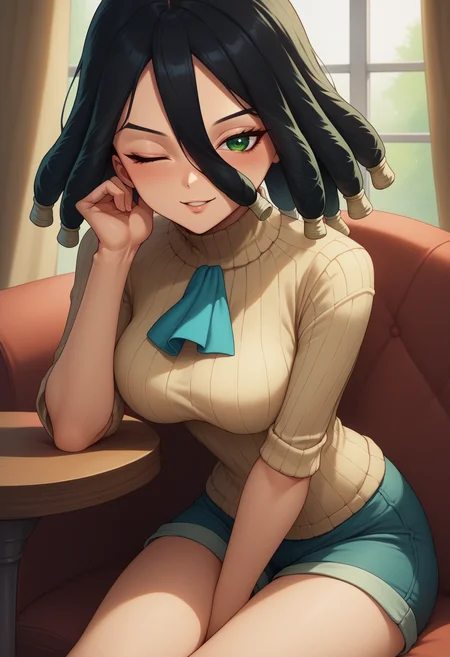 score_9, score_8_up, score_7_up,  1girl, Kirisame, green eyes, black hair, dreadlocks, hair between eyes, <lora:KirisameDrStone_XLPD:0.9>, ascot, turtleneck sweater, ribbed sweater, sweater dress, parted lips, bright smile, blush, cowboy shot, shorts, sitting, elbow rest, looking at viewer, one eye closed,