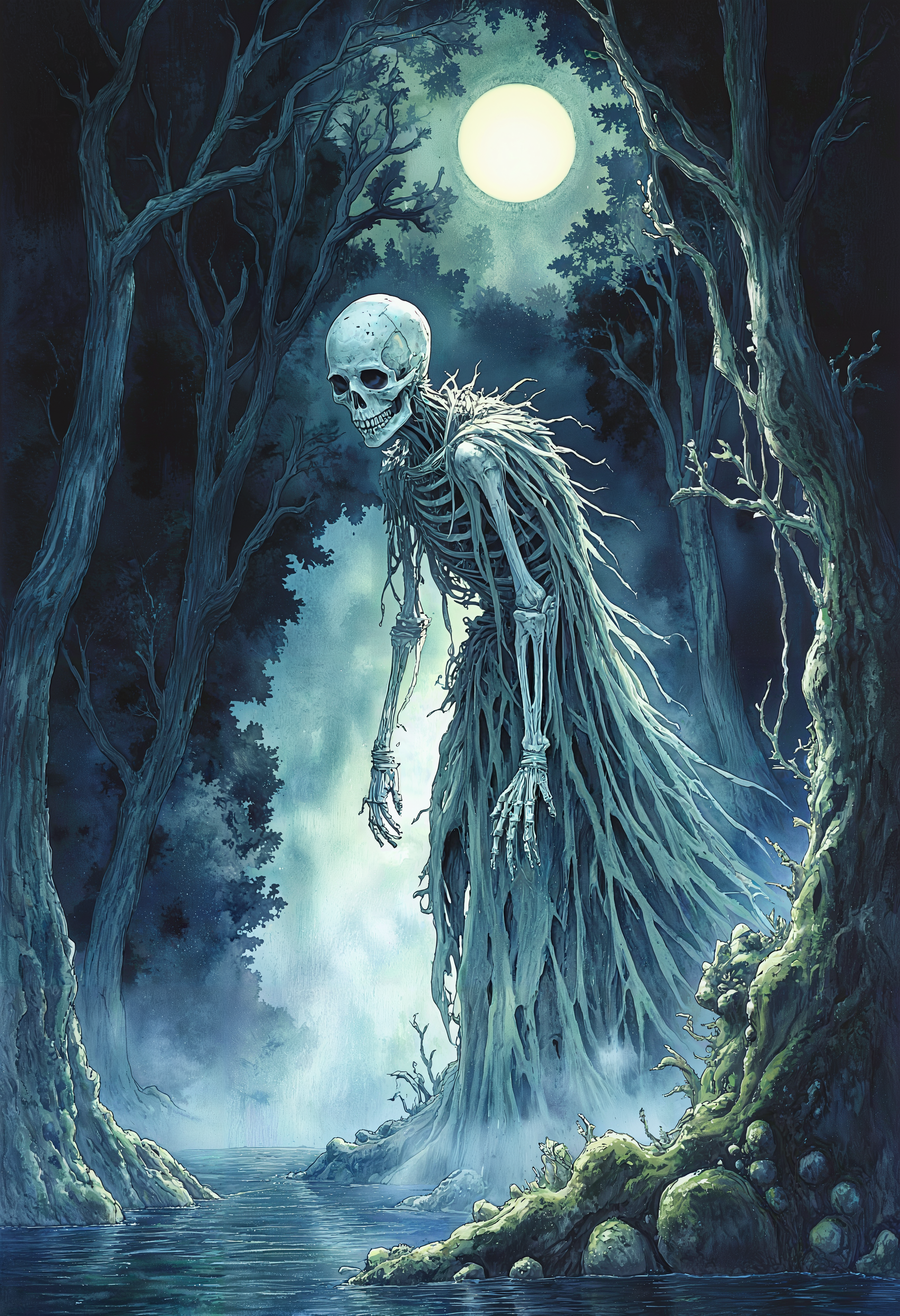 positiv Clip L: Studio Ghibli Dark Fairytale    Art in the style of gothic watercolor and ink. A haunting illustration of a skeletal, undead creature emerging from a moonlit swamp. The figure is gaunt and decaying, with translucent flesh clinging to its bones, rendered in ghostly washes of pale blue and ashen gray. Its hollow eye sockets glow faintly with a sickly green light, casting eerie reflections on the murky water below. The swamp is shrouded in mist, with twisted, leafless trees draped in cobwebs and gnarled roots breaking the waterâs surface. Delicate ink lines define cracks in the creatureâs bones and the ripples around its feet, while splatters of dark crimson mimic dried blood on its tattered robes. The background fades into abstract watercolor texturesâdeep indigo skies, inky black shadows, and hints of a crumbling stone ruin half-swallowed by the swamp. The style is ethereal yet macabre, blending soft, blended washes with sharp, unsettling details to create a hypnotic, otherworldly mood. No humans, only the undead and the suffocating silence of the marsh. positiv Clip G: Studio Ghibli Dark Fairytale    Art in the style of gothic watercolor and ink. A haunting illustration of a skeletal, undead creature emerging from a moonlit swamp. The figure is gaunt and decaying, with translucent flesh clinging to its bones, rendered in ghostly washes of pale blue and ashen gray. Its hollow eye sockets glow faintly with a sickly green light, casting eerie reflections on the murky water below. The swamp is shrouded in mist, with twisted, leafless trees draped in cobwebs and gnarled roots breaking the waterâs surface. Delicate ink lines define cracks in the creatureâs bones and the ripples around its feet, while splatters of dark crimson mimic dried blood on its tattered robes. The background fades into abstract watercolor texturesâdeep indigo skies, inky black shadows, and hints of a crumbling stone ruin half-swallowed by the swamp. The style is ethereal yet macabre, blending soft, blended washes with sharp, unsettling details to create a hypnotic, otherworldly mood. No humans, only the undead and the suffocating silence of the marsh.