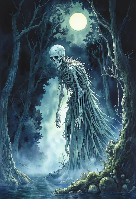 positiv Clip L: Studio Ghibli Dark Fairytale    Art in the style of gothic watercolor and ink. A haunting illustration of a skeletal, undead creature emerging from a moonlit swamp. The figure is gaunt and decaying, with translucent flesh clinging to its bones, rendered in ghostly washes of pale blue and ashen gray. Its hollow eye sockets glow faintly with a sickly green light, casting eerie reflections on the murky water below. The swamp is shrouded in mist, with twisted, leafless trees draped in cobwebs and gnarled roots breaking the waterâs surface. Delicate ink lines define cracks in the creatureâs bones and the ripples around its feet, while splatters of dark crimson mimic dried blood on its tattered robes. The background fades into abstract watercolor texturesâdeep indigo skies, inky black shadows, and hints of a crumbling stone ruin half-swallowed by the swamp. The style is ethereal yet macabre, blending soft, blended washes with sharp, unsettling details to create a hypnotic, otherworldly mood. No humans, only the undead and the suffocating silence of the marsh. positiv Clip G: Studio Ghibli Dark Fairytale    Art in the style of gothic watercolor and ink. A haunting illustration of a skeletal, undead creature emerging from a moonlit swamp. The figure is gaunt and decaying, with translucent flesh clinging to its bones, rendered in ghostly washes of pale blue and ashen gray. Its hollow eye sockets glow faintly with a sickly green light, casting eerie reflections on the murky water below. The swamp is shrouded in mist, with twisted, leafless trees draped in cobwebs and gnarled roots breaking the waterâs surface. Delicate ink lines define cracks in the creatureâs bones and the ripples around its feet, while splatters of dark crimson mimic dried blood on its tattered robes. The background fades into abstract watercolor texturesâdeep indigo skies, inky black shadows, and hints of a crumbling stone ruin half-swallowed by the swamp. The style is ethereal yet macabre, blending soft, blended washes with sharp, unsettling details to create a hypnotic, otherworldly mood. No humans, only the undead and the suffocating silence of the marsh.